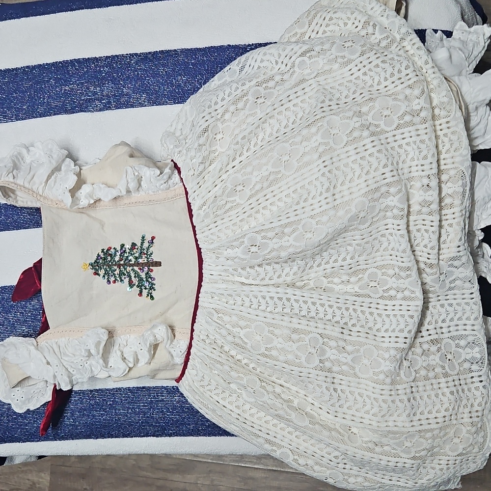 Cream Lace Dress with Christmas Tree Embroidery